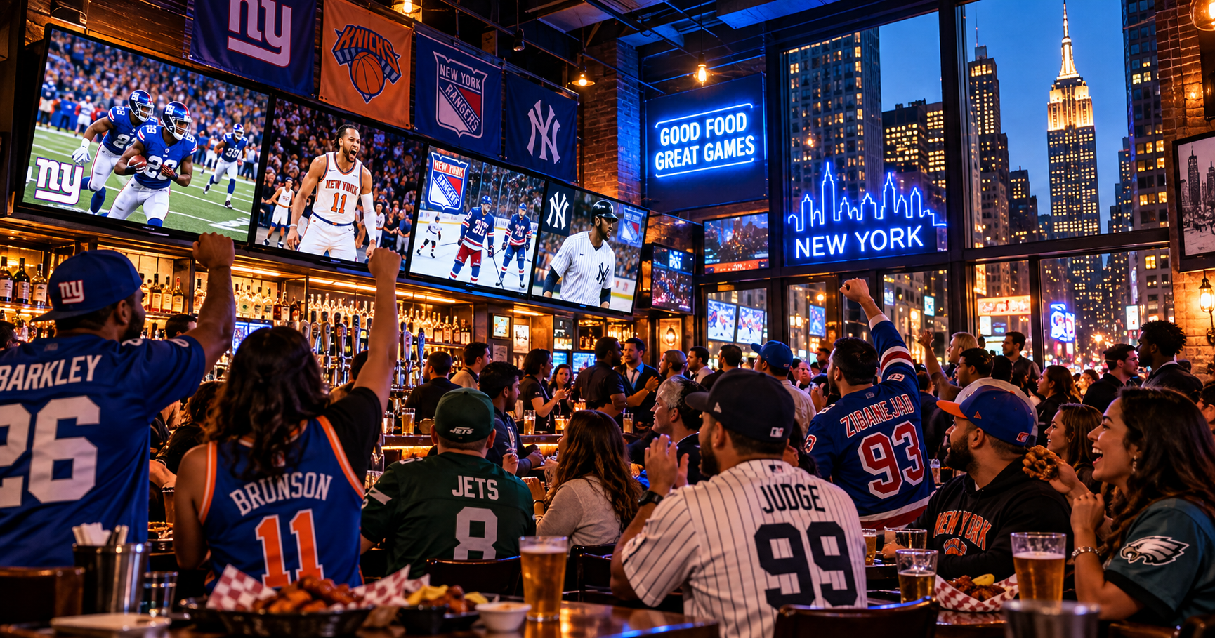 Interior of a busy Midtown sports bar with multiple TV screens, diverse fans in different team jerseys, and bar counter during a game day